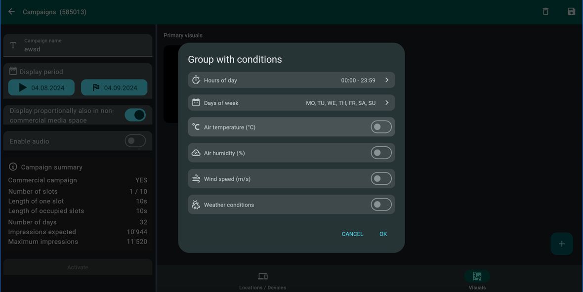 Condition settings: hours of day, days of week, air temperature, humidity, wind speed and weather