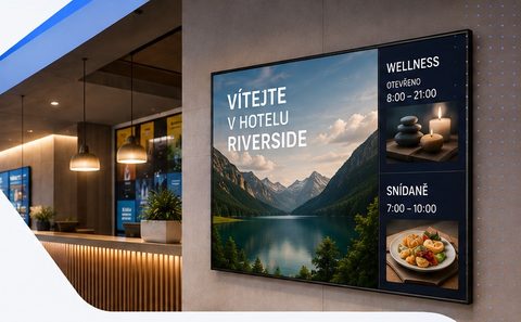 A hotel lobby screen with the welcome, wellness hours and breakfast times