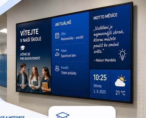 A school screen with notices, the timetable and the motto of the month